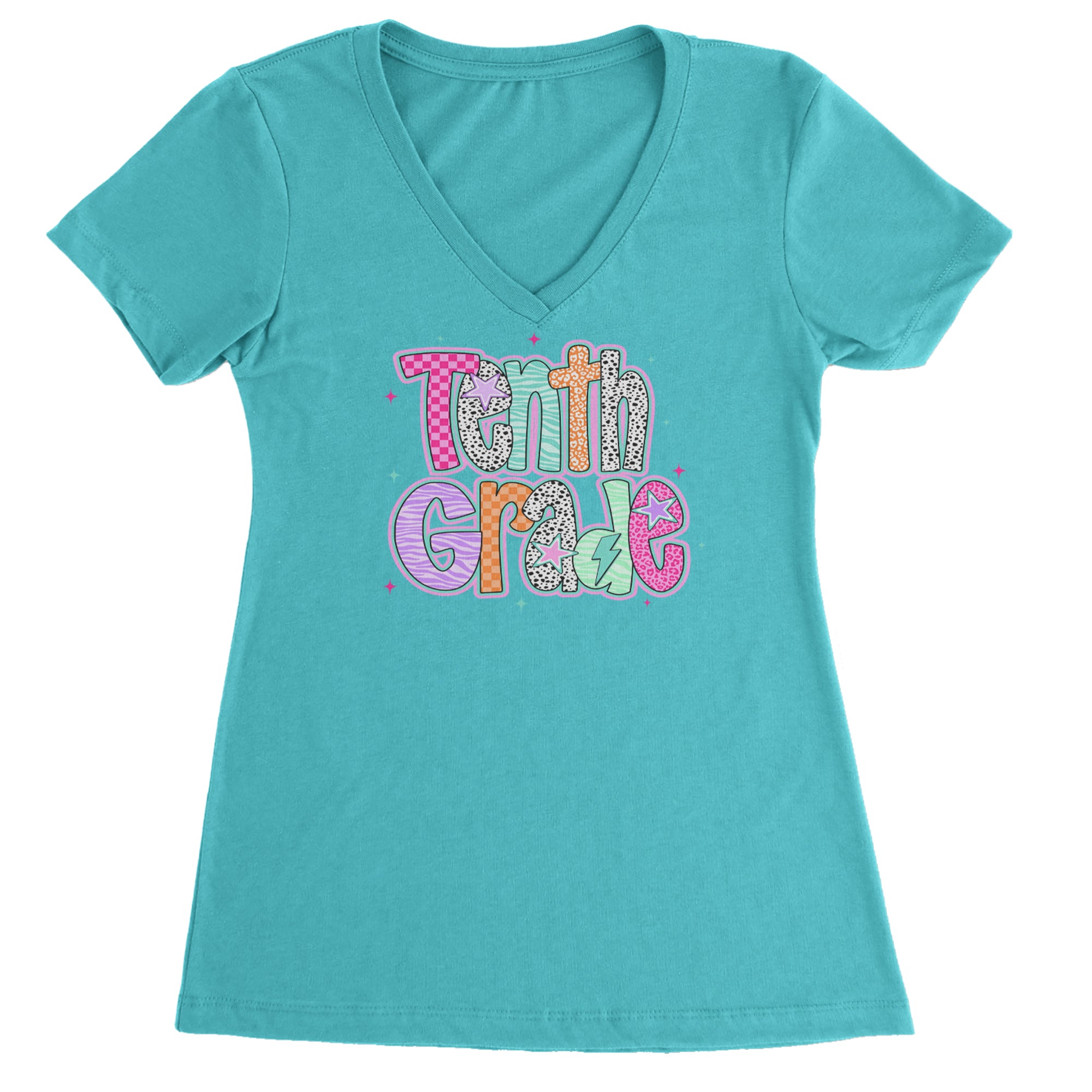 Tenth Grade Trendsetter Colorful Back to School Ladies V-Neck T-shirt Surf