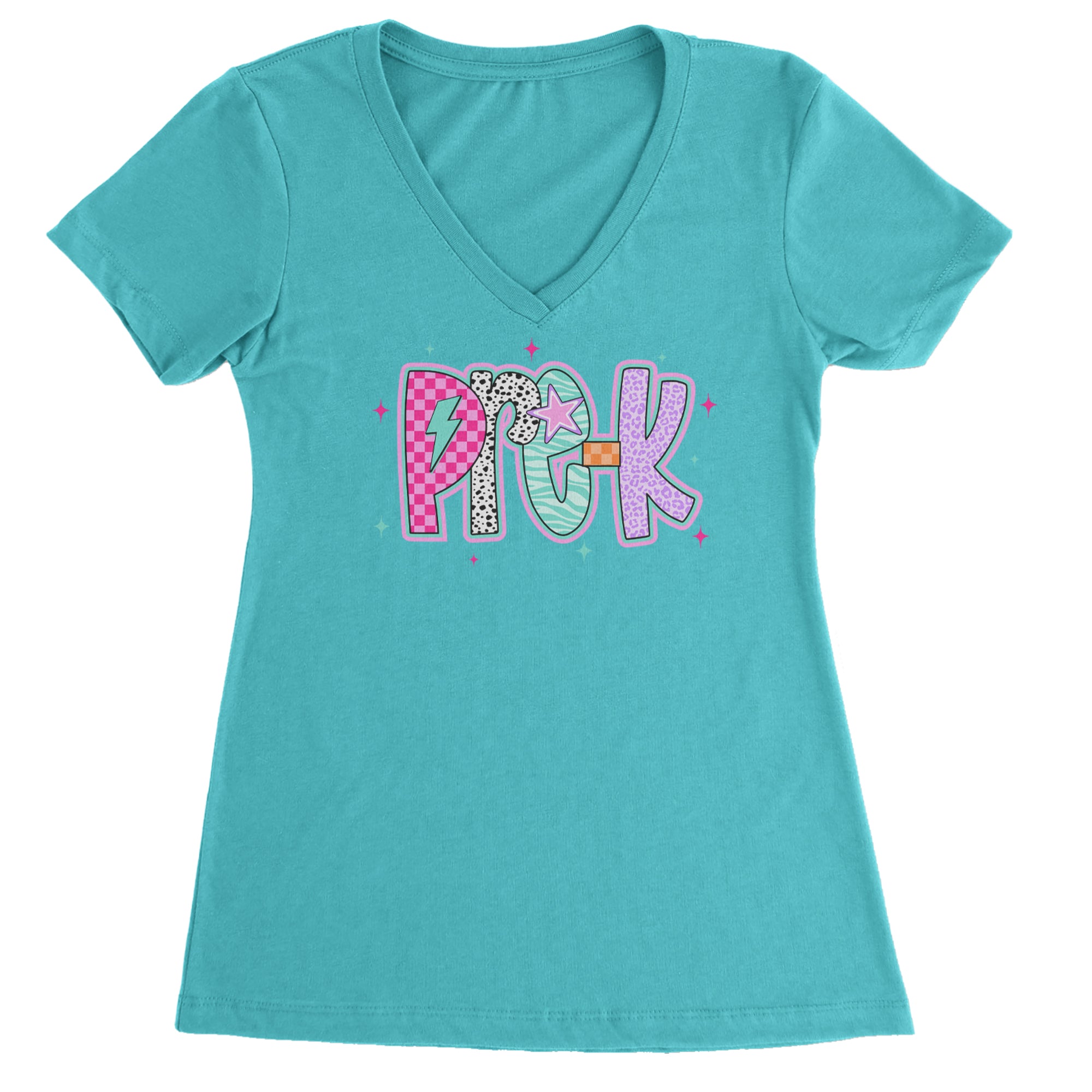 Pre-K Party Time Colorful Back to School Ladies V-Neck T-shirt Surf