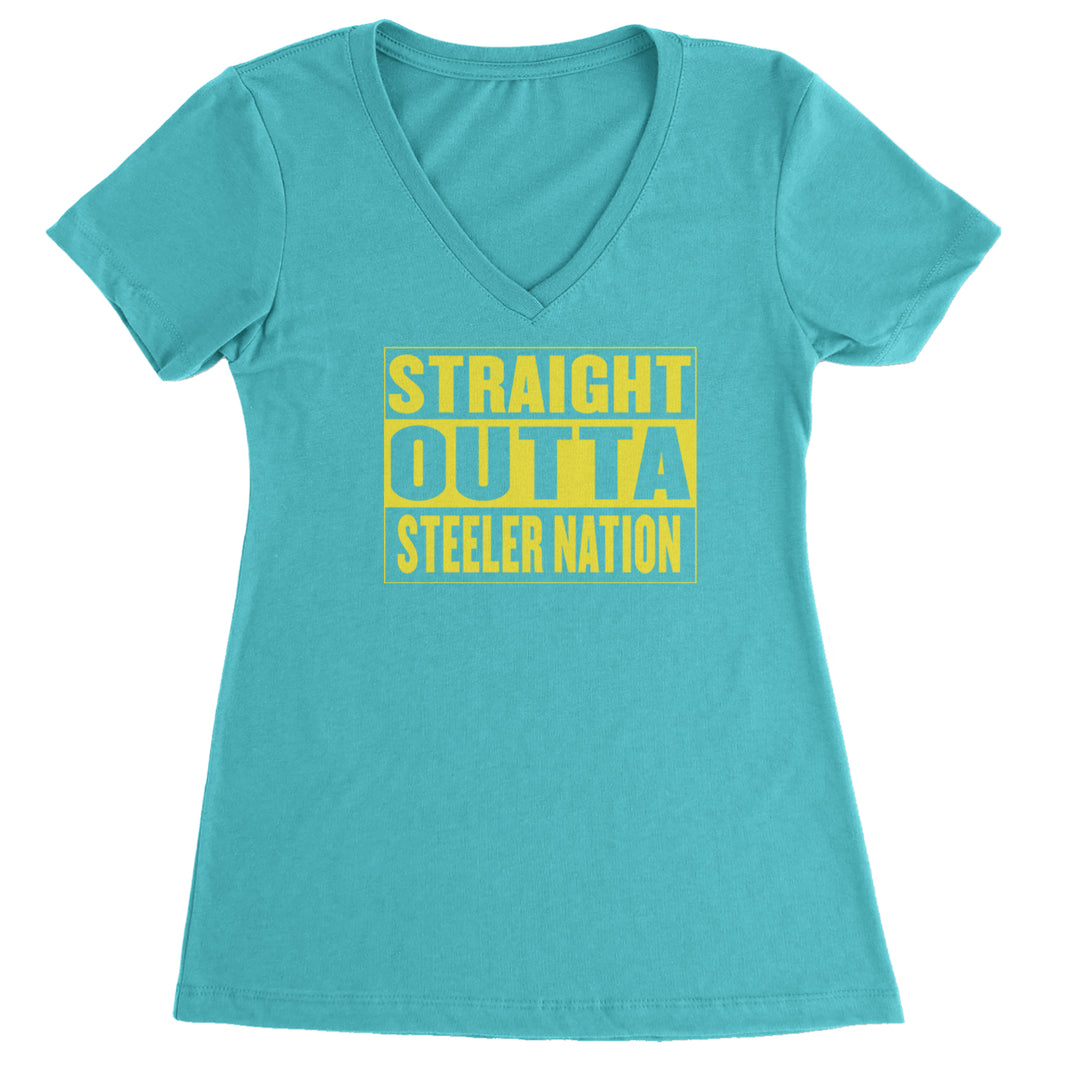 Straight Outta Steeler Nation Football  Ladies V-Neck T-shirt Surf