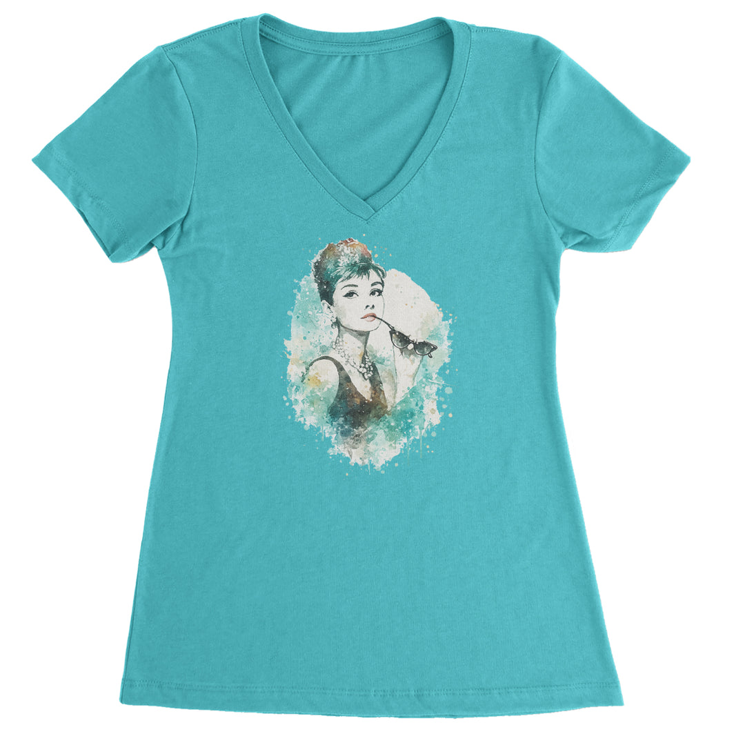 Mrs. Herpburn Iconic Watercolors Ladies V-Neck T-shirt Surf