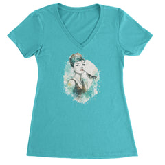 Mrs. Herpburn Iconic Watercolors Ladies V-Neck T-shirt Surf