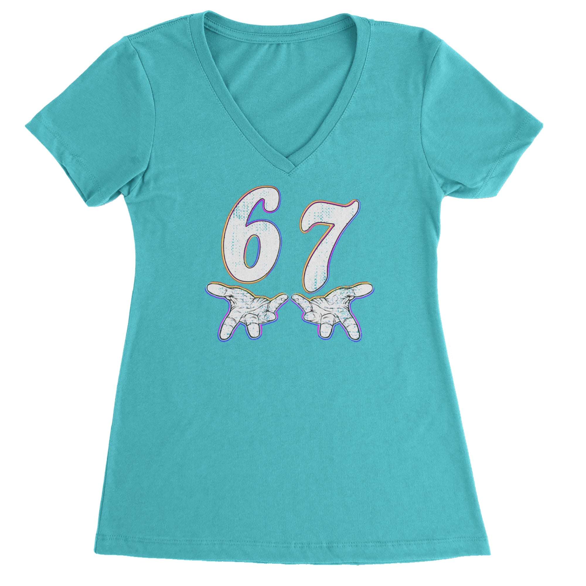 67 Hands Meme Viral Drill Ladies V-Neck T-shirt Surf
