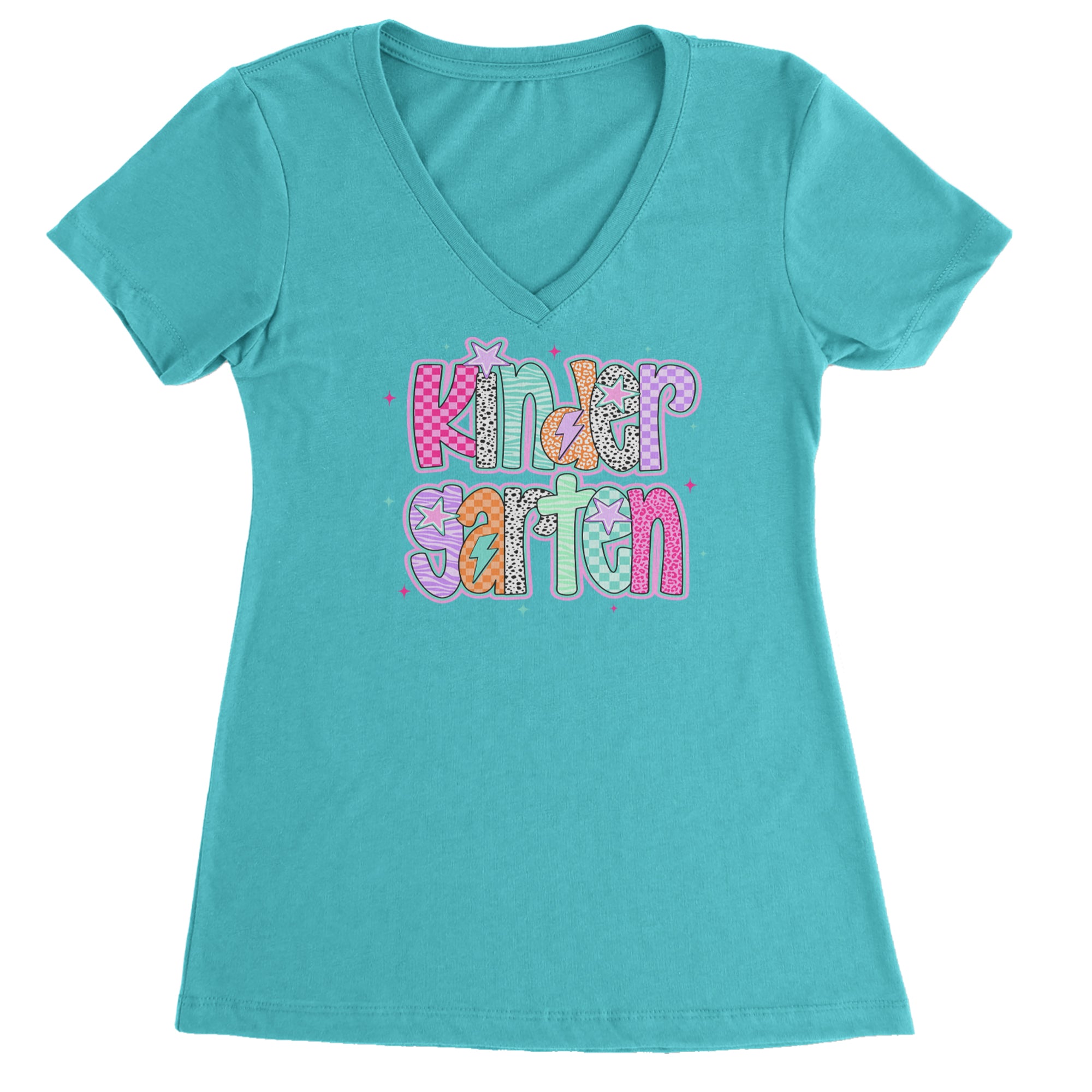 Kindergarten Cutie Colorful Back to School Ladies V-Neck T-shirt Surf