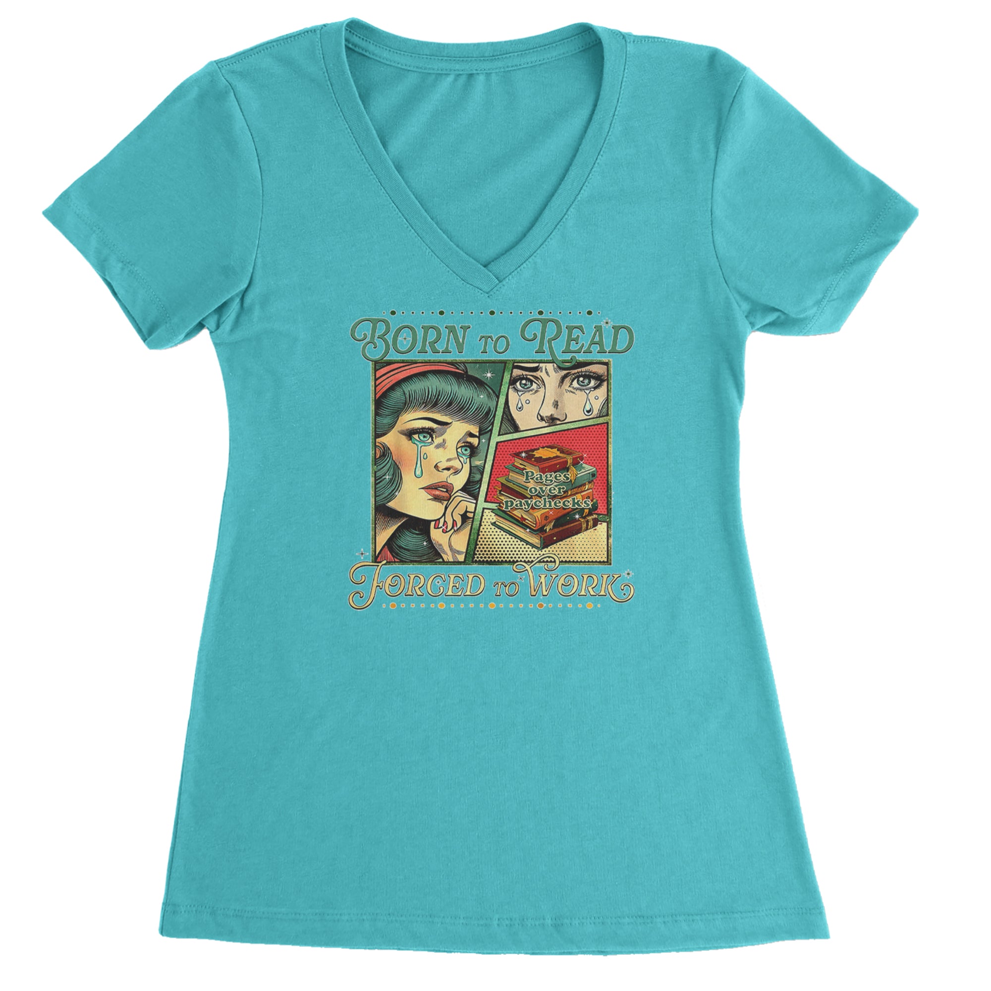 Born To Read, Forced To Work Ladies V-Neck T-shirt Surf