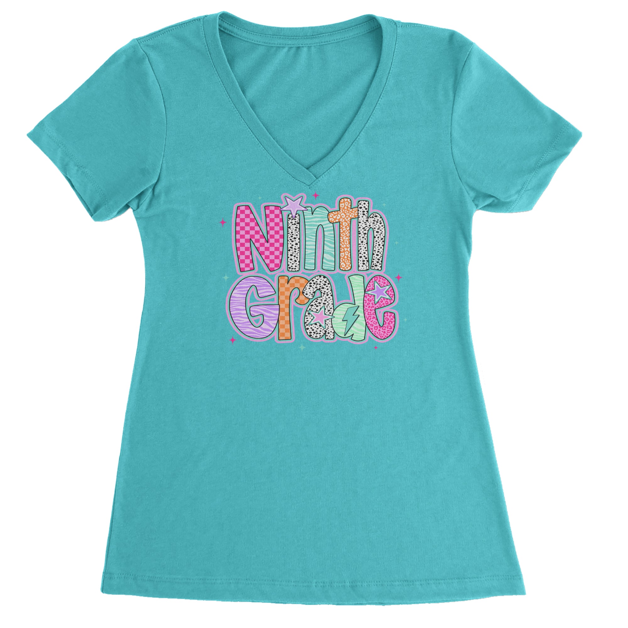 Ninth Grade Freshman Vibes Colorful Back to School Ladies V-Neck T-shirt Surf