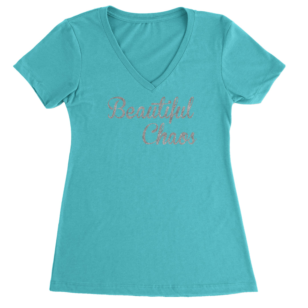 Beautiful Chaos Glitter Music Festival Ladies V-Neck T-shirt Surf