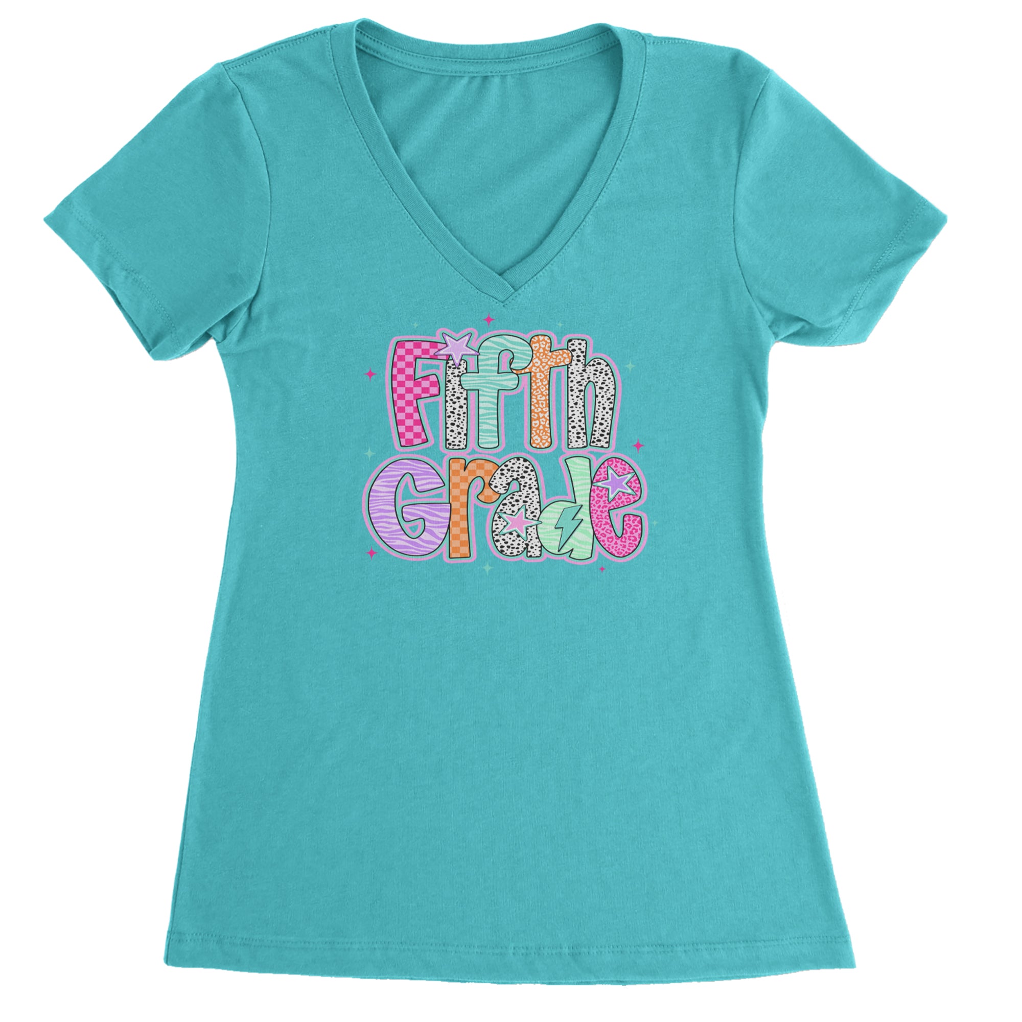 Fifth Grade Fly Colorful Back to School Ladies V-Neck T-shirt Surf