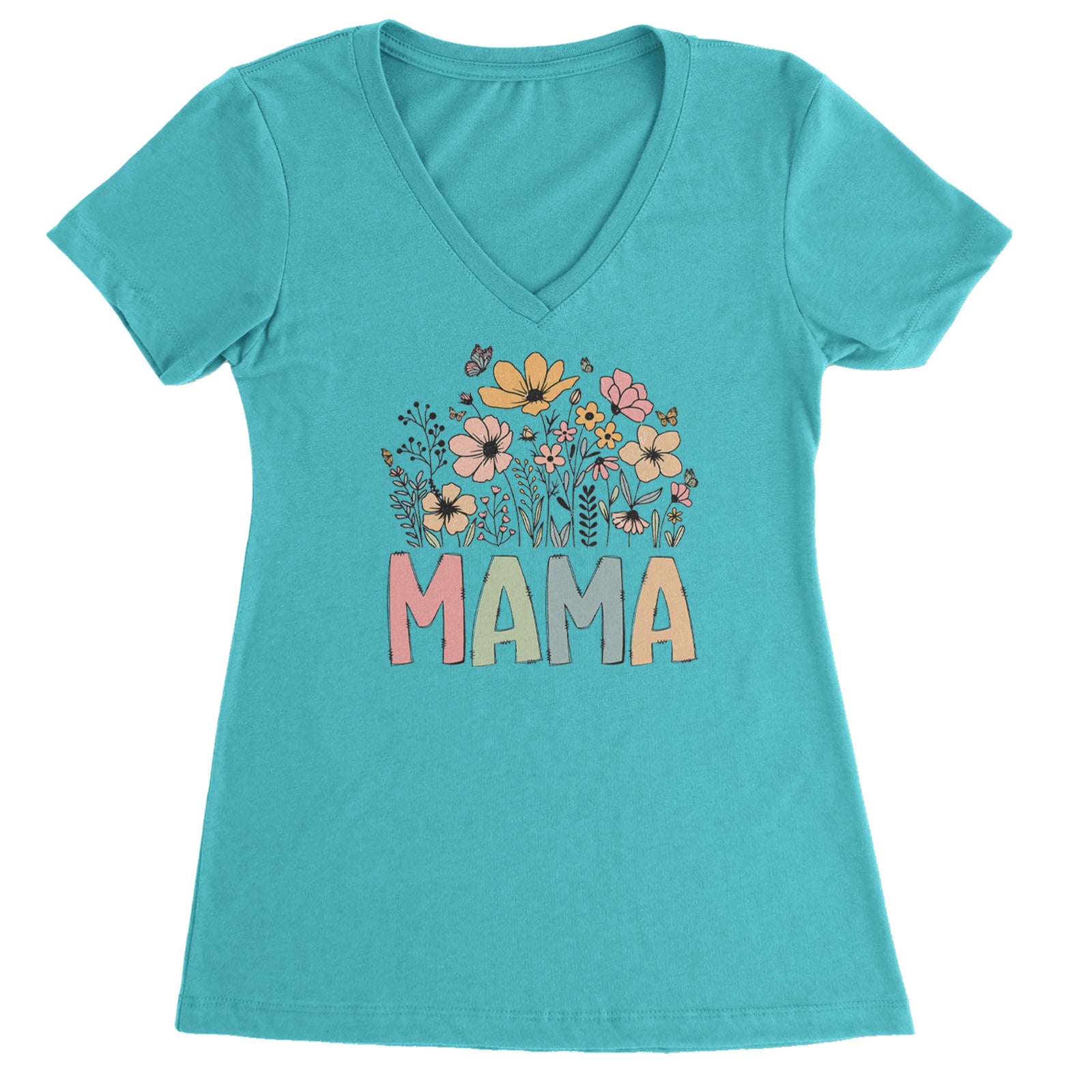 Mama Wildflower Retro Flower Ladies V-Neck T-shirt White