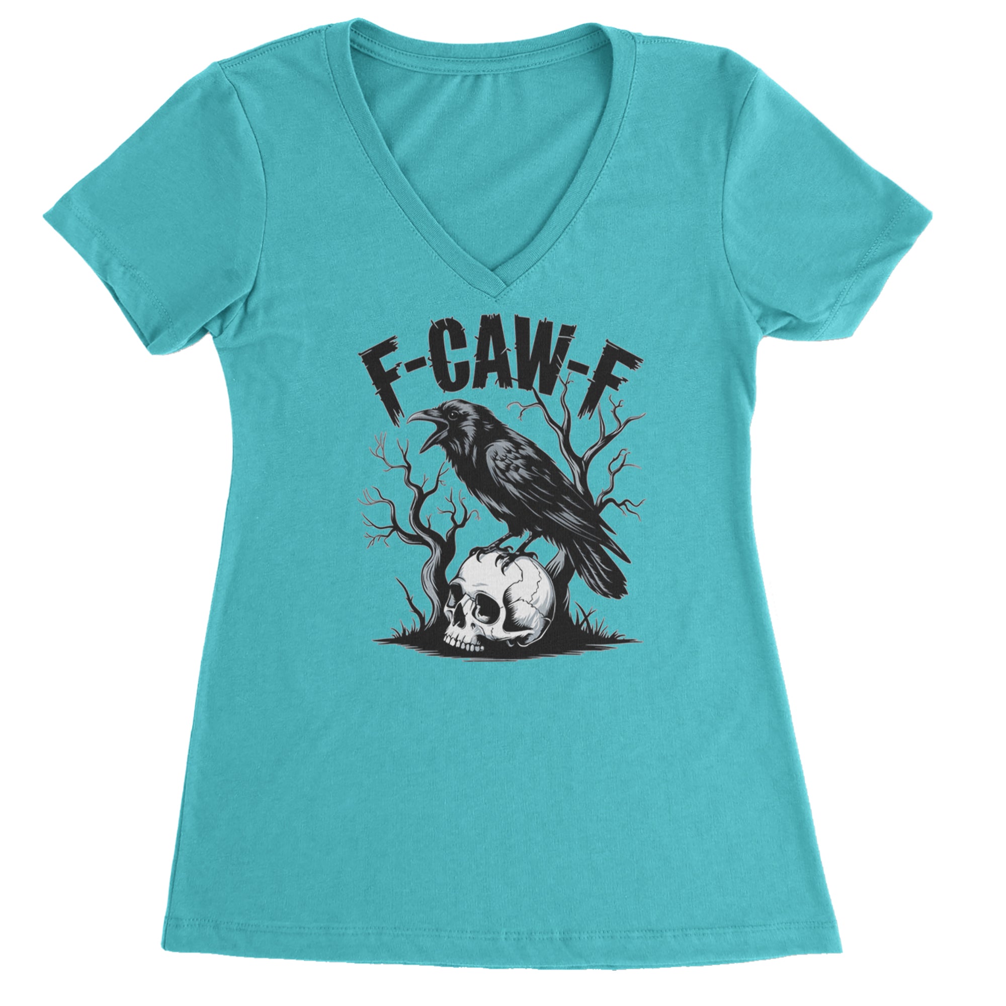 F-Caw-F Crow On Skull F-ck Off Gothic Ladies V-Neck T-shirt Surf