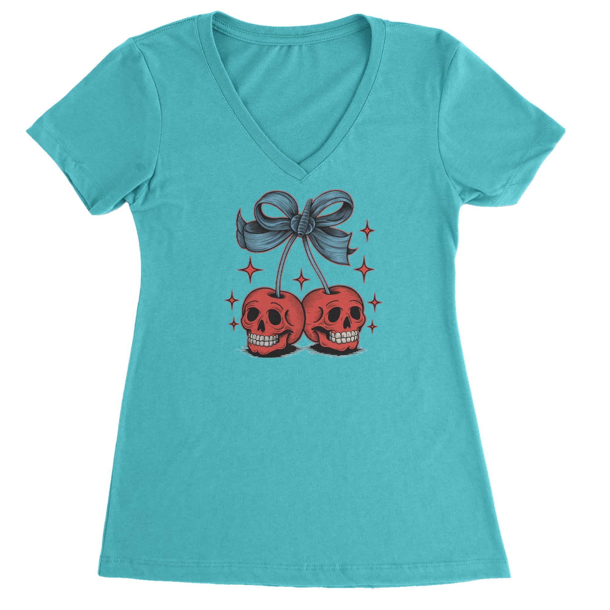 Cherry Skulls Retro Tattoo Ladies V-Neck T-shirt Surf