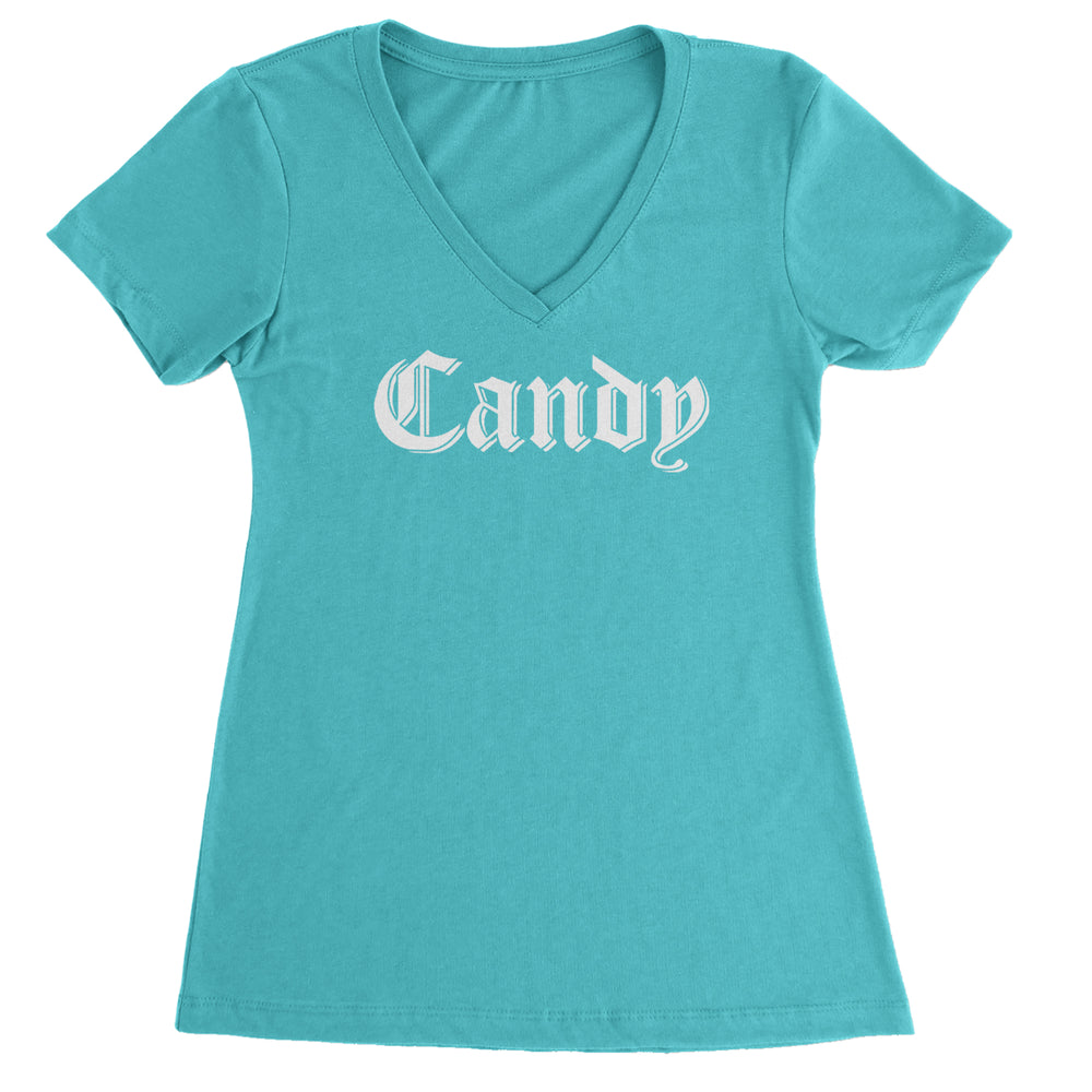 Candy Gothic Lettering graphic on Women's Lightweight V-Neck T-Shirt in Surf