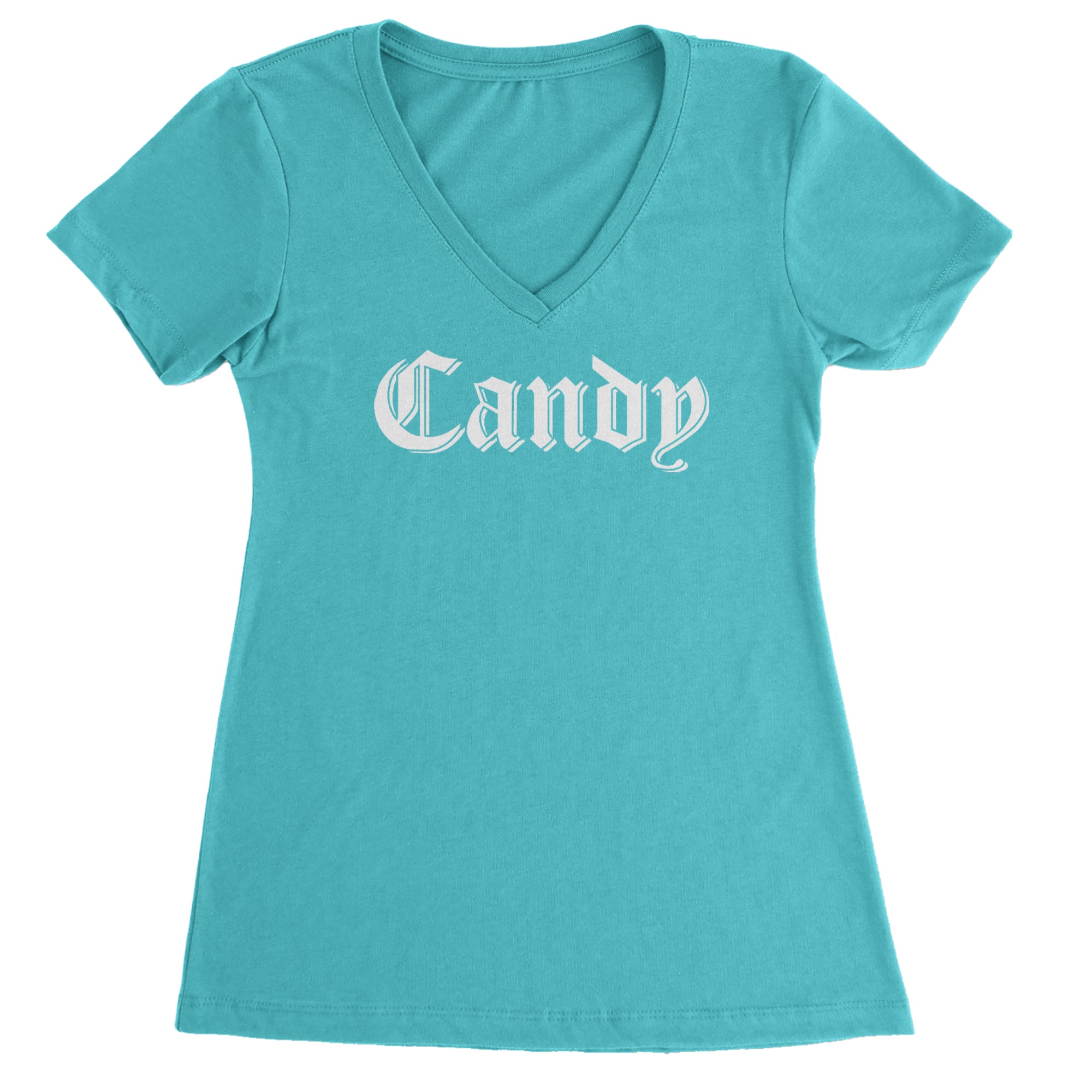 Candy Gothic Lettering Ladies V-Neck T-shirt Black