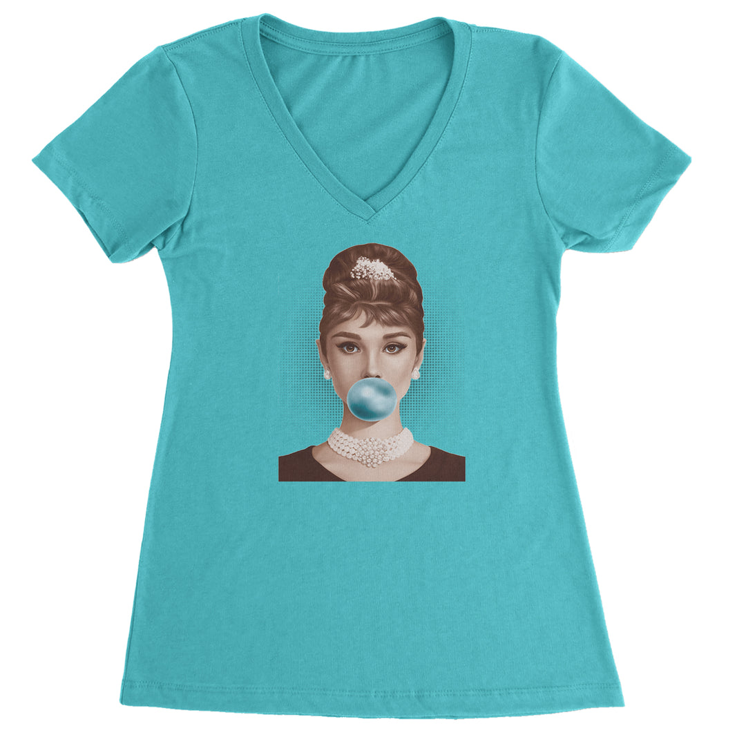 Audrey Hepburn Chewing Bubble Gum American Icon Ladies V-Neck T-shirt Surf