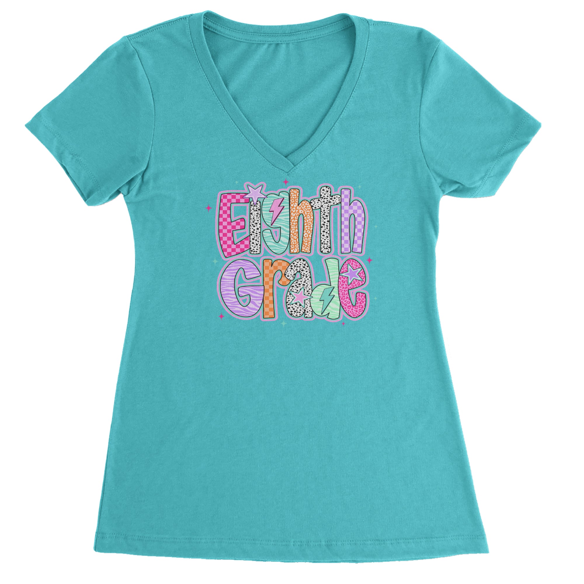 Eighth Grade Energy Colorful Back to School Ladies V-Neck T-shirt Surf
