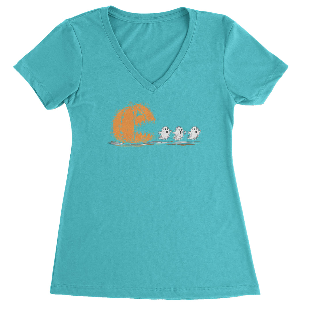 Pumpkin Pacman Chasing Ghosts Halloween Ladies V-Neck T-shirt Surf