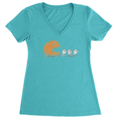 Pumpkin Pacman Chasing Ghosts Halloween Ladies V-Neck T-shirt Surf