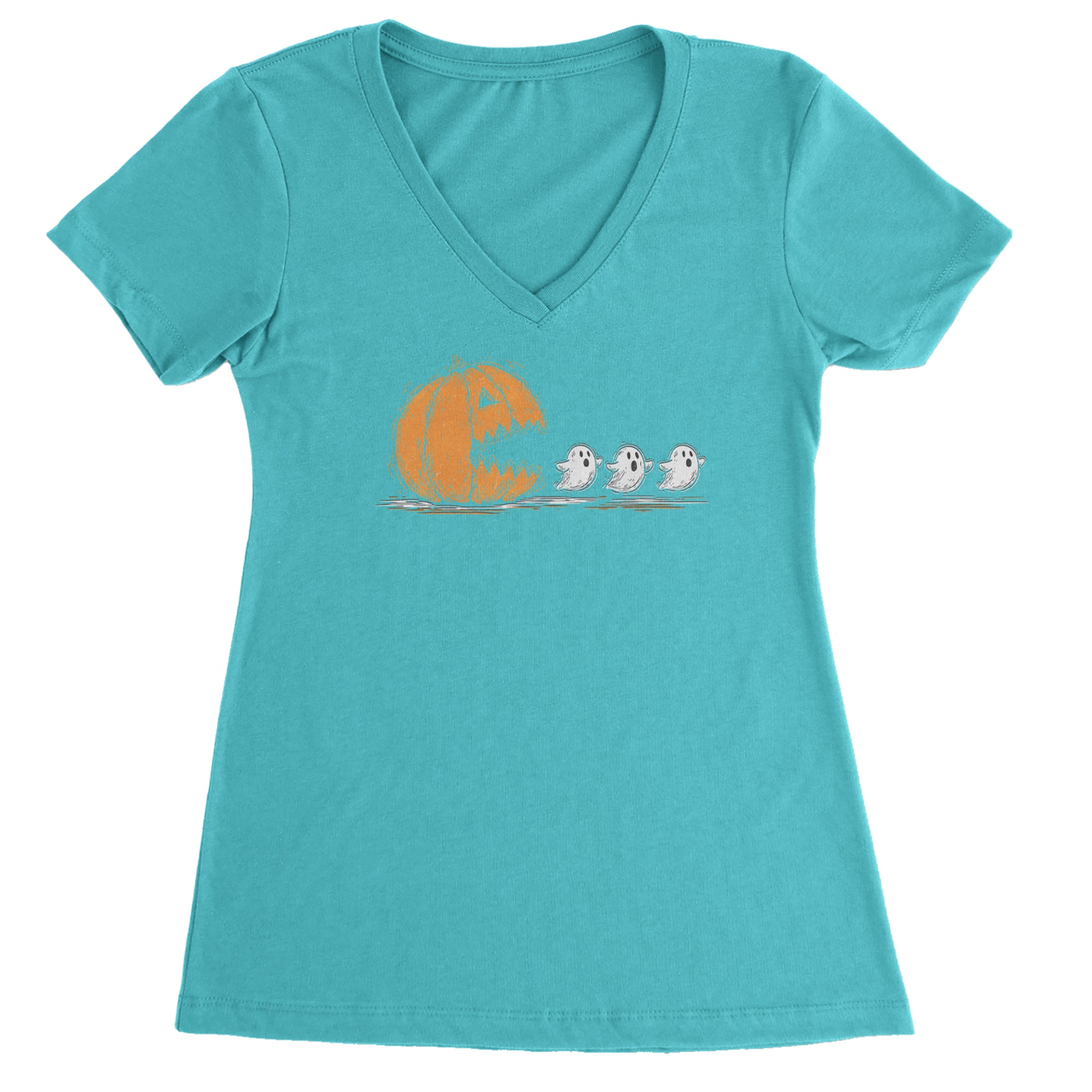 Pumpkin Pacman Chasing Ghosts Halloween Ladies V-Neck T-shirt Surf