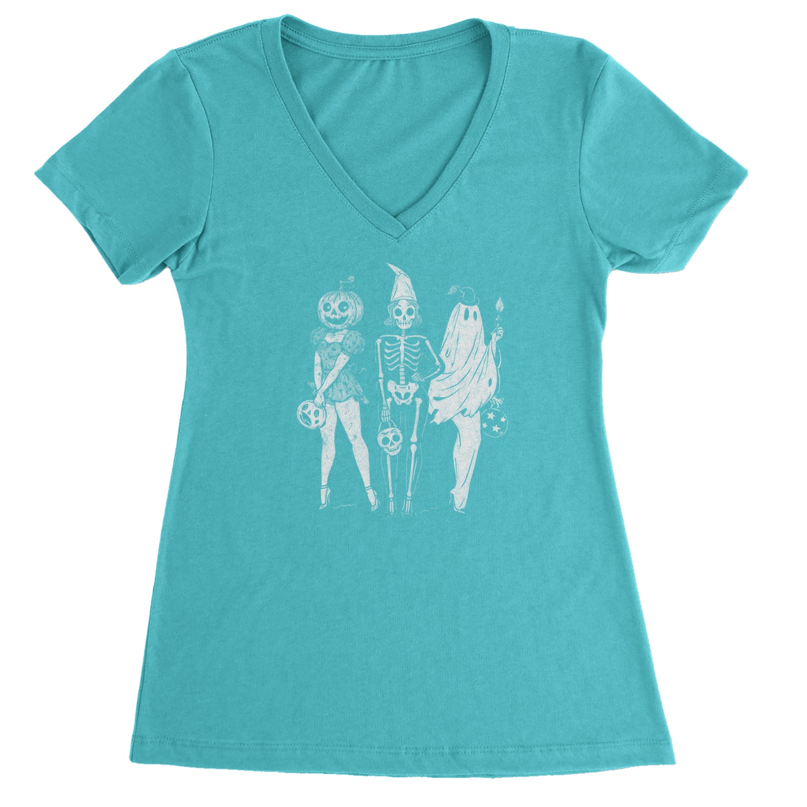 Vintage Spooky Squad Pinup Halloween Design Ladies V-Neck T-shirt Black