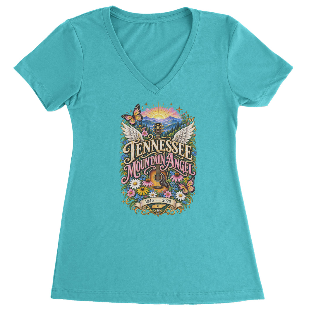 Tennessee Mountain Angel Wings Dolly Ladies V-Neck T-shirt Surf