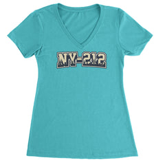 New York City 212 Area Code Skyline  Ladies V-Neck T-shirt Surf