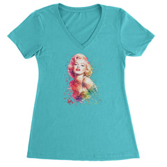 Mrs. Monroe Watercolors Bombshell Ladies V-Neck T-shirt Surf