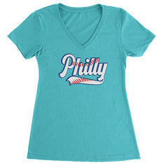 Philly Baseball Stitching graphic on Women's Lightweight V-Neck T-Shirt in Surf
