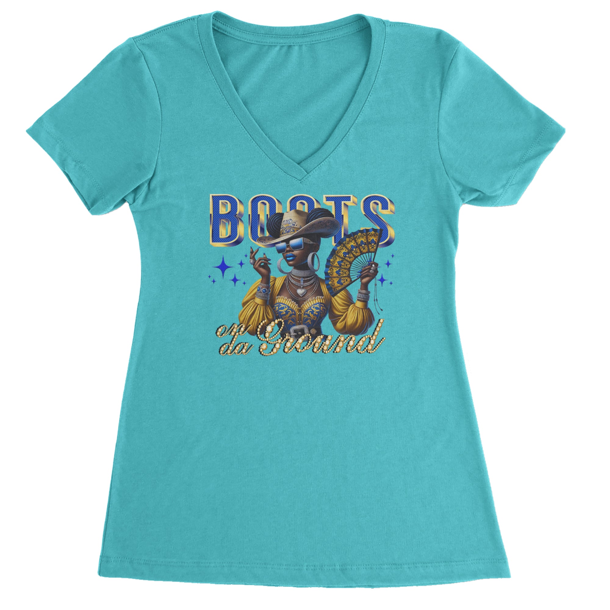 Boots On Da Ground Folding Fan Ladies V-Neck T-shirt Surf