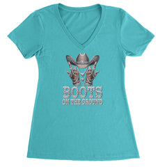 Boots On The Ground Bling Ladies V-Neck T-shirt Surf