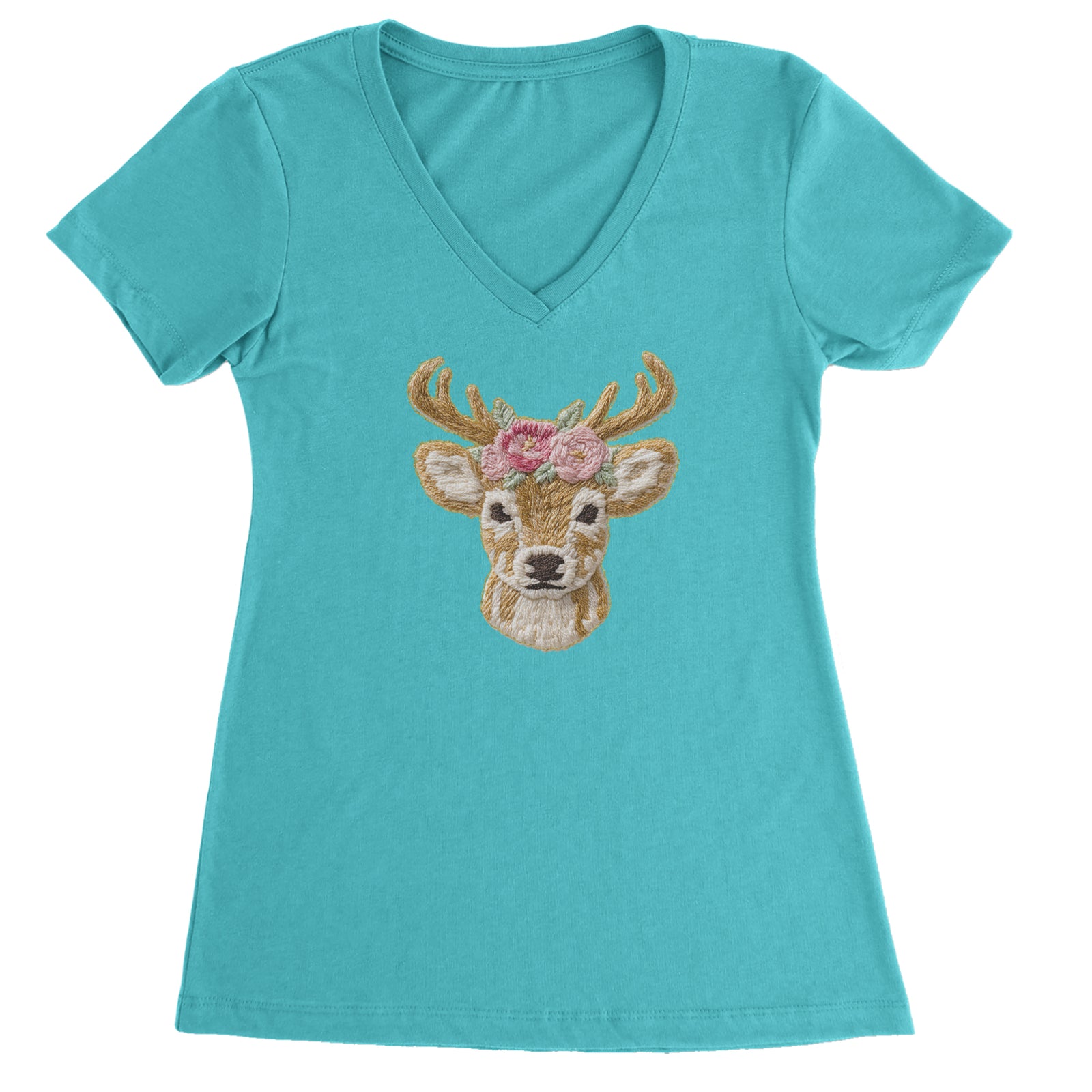 Vintage Reindeer Embroidery Art Soft Cottagecore Ladies V-Neck T-shirt Surf