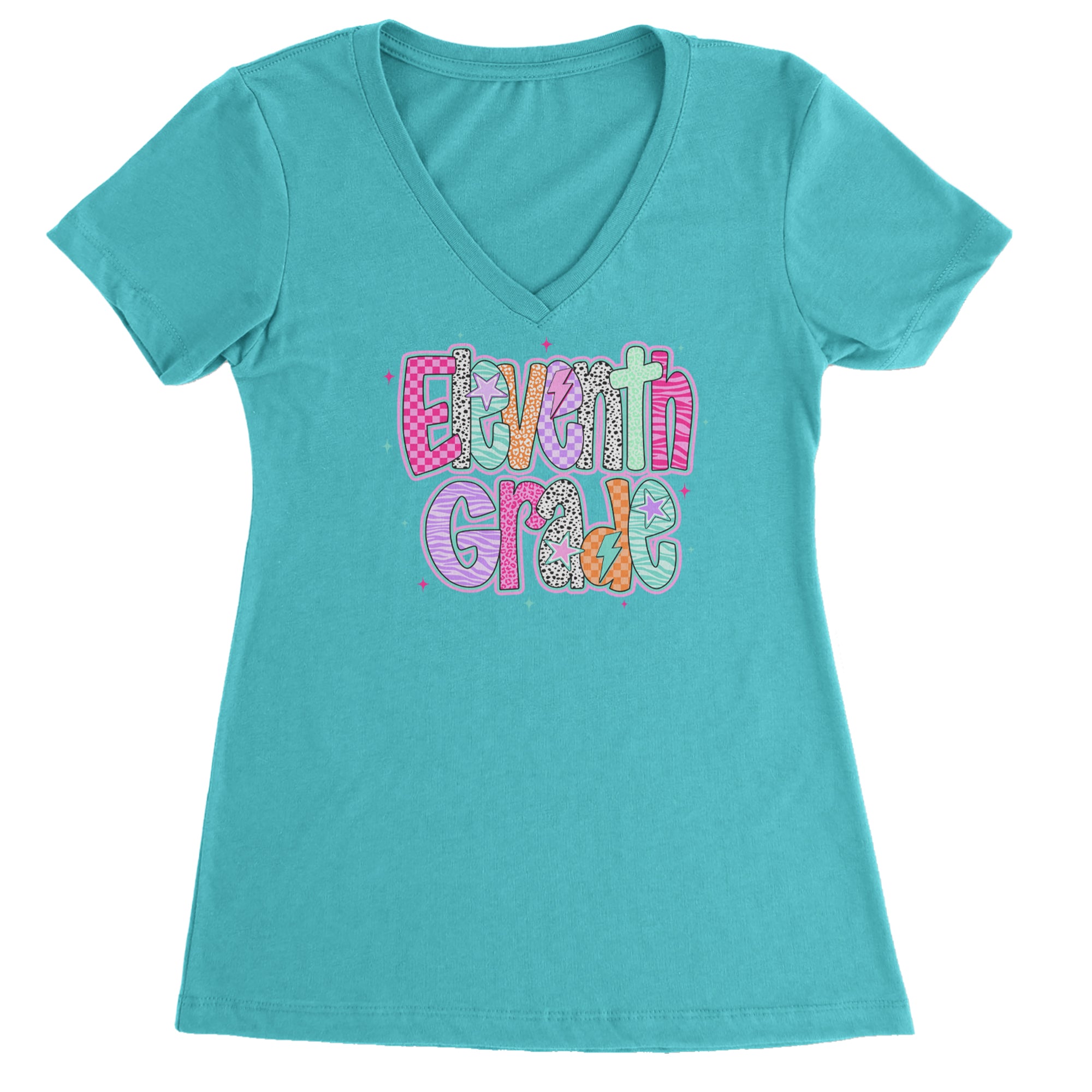 Eleventh Grade Extra Colorful Back to School Ladies V-Neck T-shirt Surf