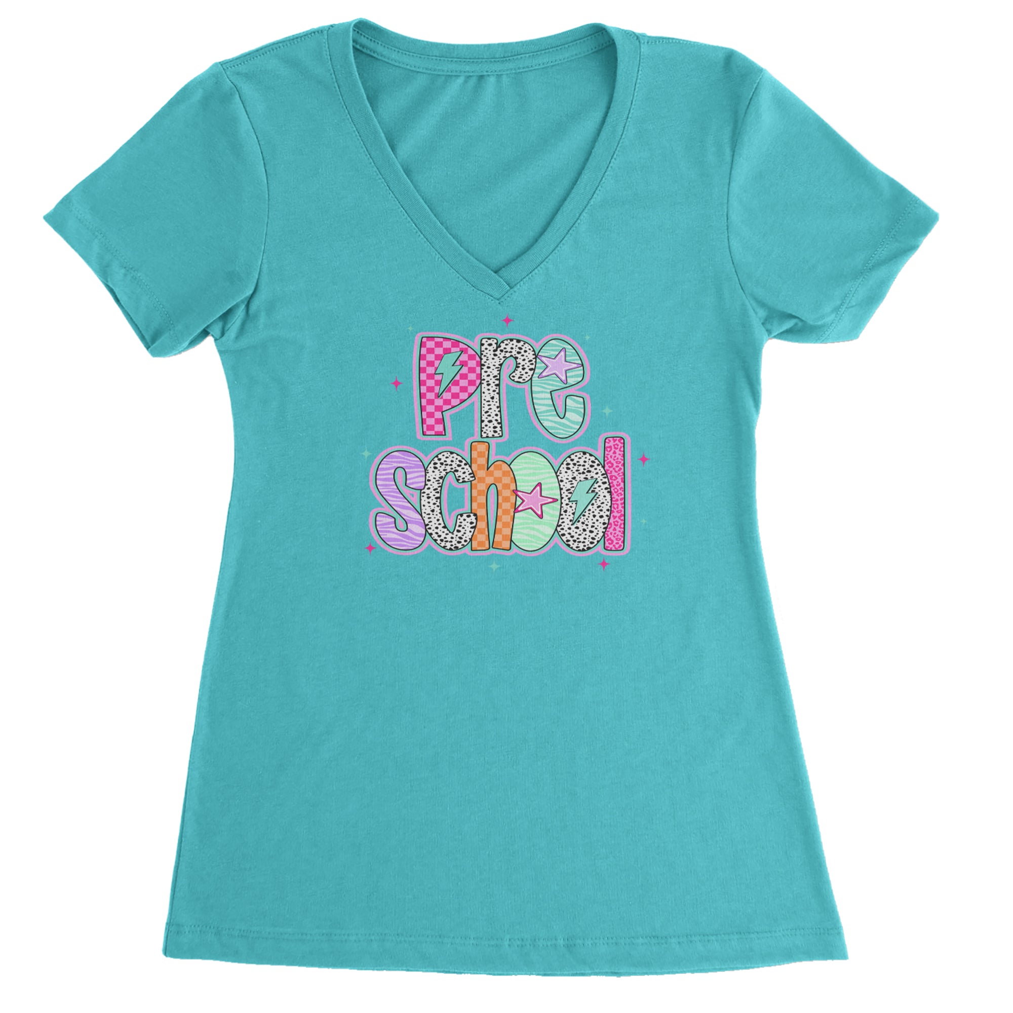 Preschool Power Colorful Back to School Ladies V-Neck T-shirt Surf