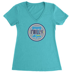 Philly Pride Liberty Bell graphic on Women's Lightweight V-Neck T-Shirt in Surf