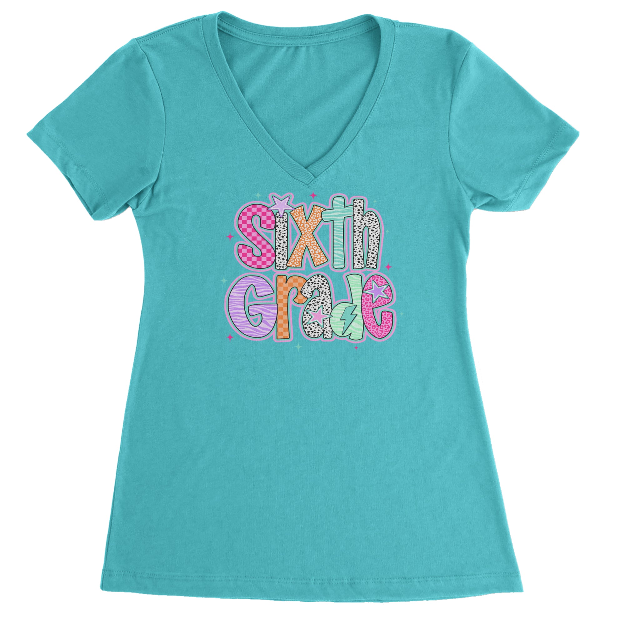 Sixth Grade Colorful Back to School Ladies V-Neck T-shirt Surf