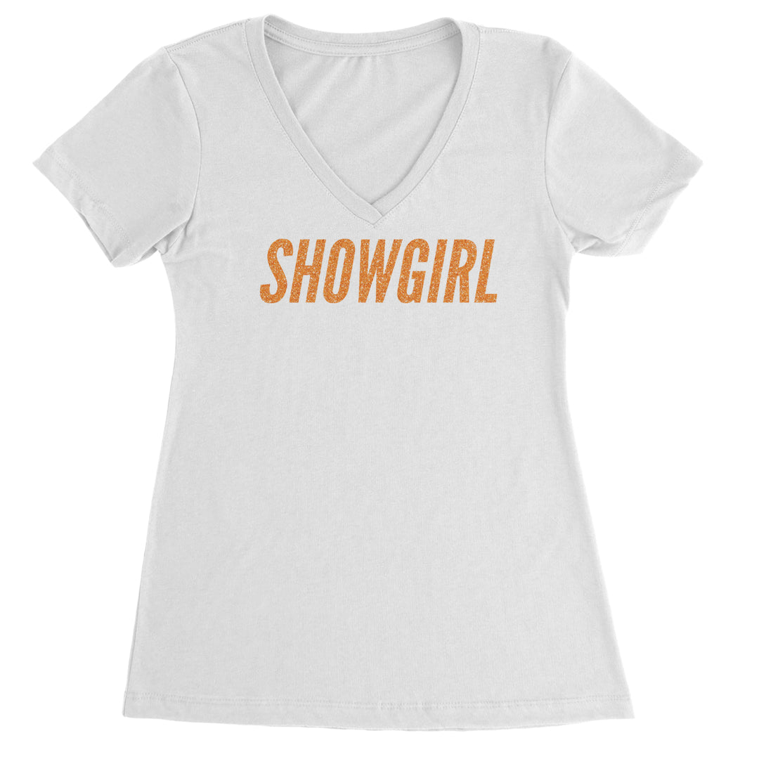 Showgirl Orange Glitter Ladies V-Neck T-shirt White