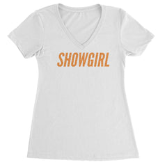 Showgirl Orange Glitter Ladies V-Neck T-shirt White