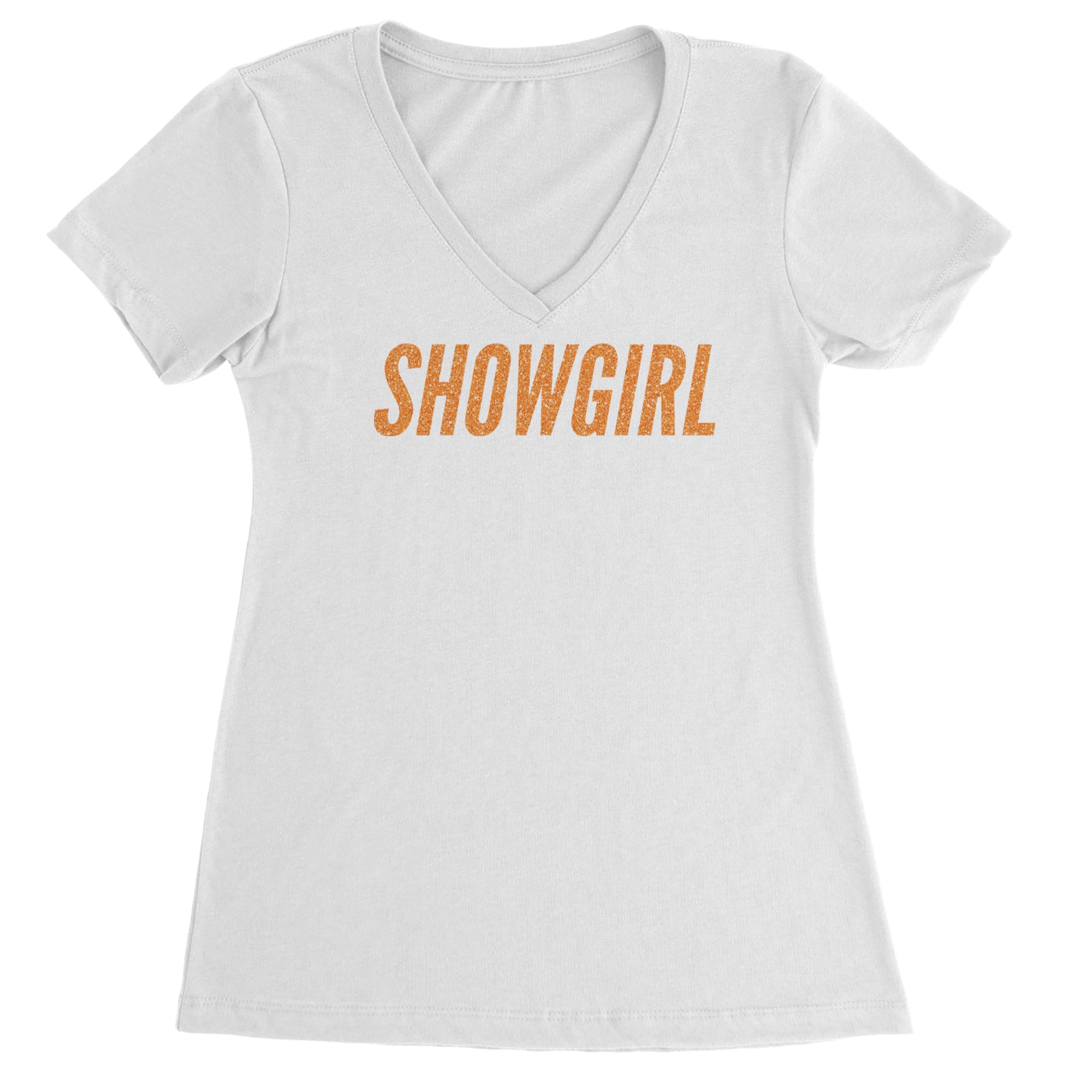 Showgirl Orange Glitter Ladies V-Neck T-shirt White