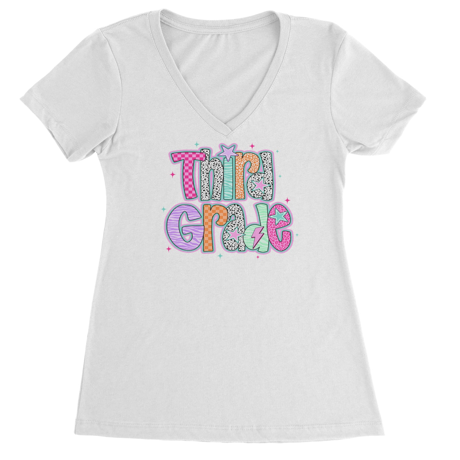 Third Grade Thunder Colorful Back to School Ladies V-Neck T-shirt Black