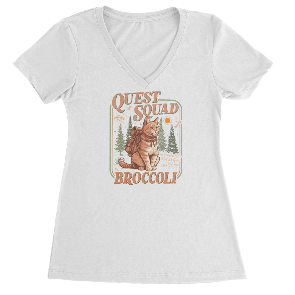 Quest Squad Broccoli Cat Fantasy Reader graphic on Women's Lightweight V-Neck T-Shirt in White