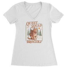 Quest Squad Broccoli Cat Fantasy Reader graphic on Women's Lightweight V-Neck T-Shirt in White