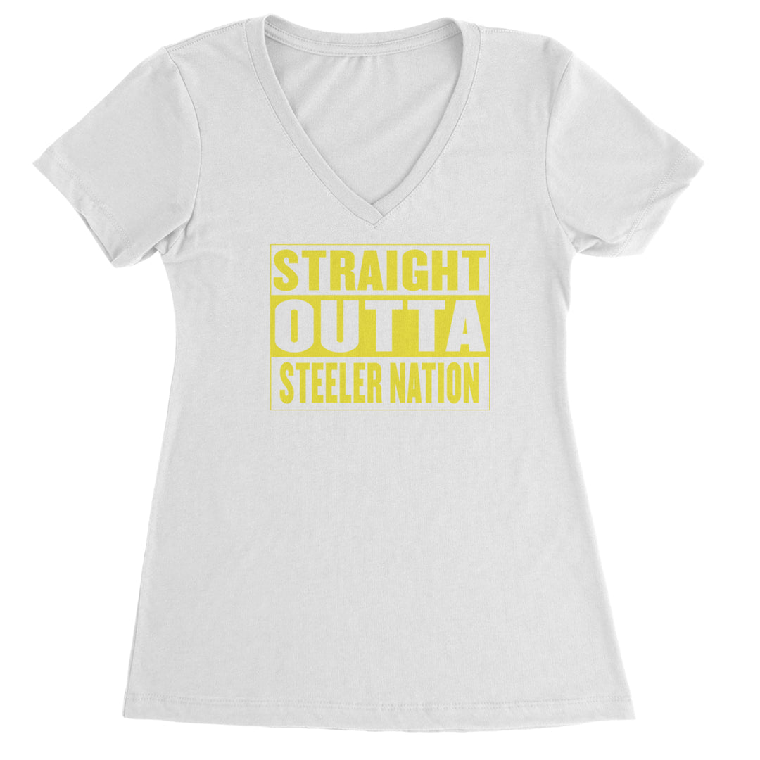 Straight Outta Steeler Nation Football  Ladies V-Neck T-shirt White