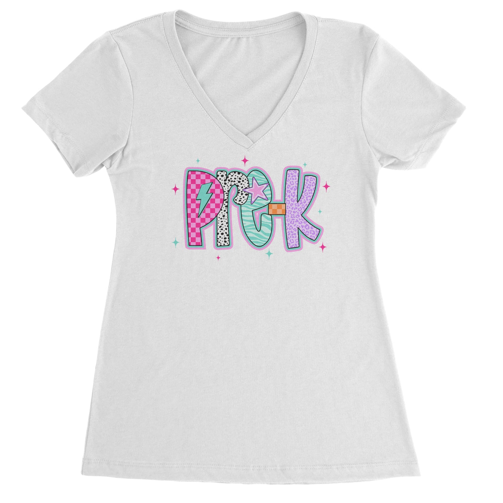 Pre-K Party Time Colorful Back to School Ladies V-Neck T-shirt Black