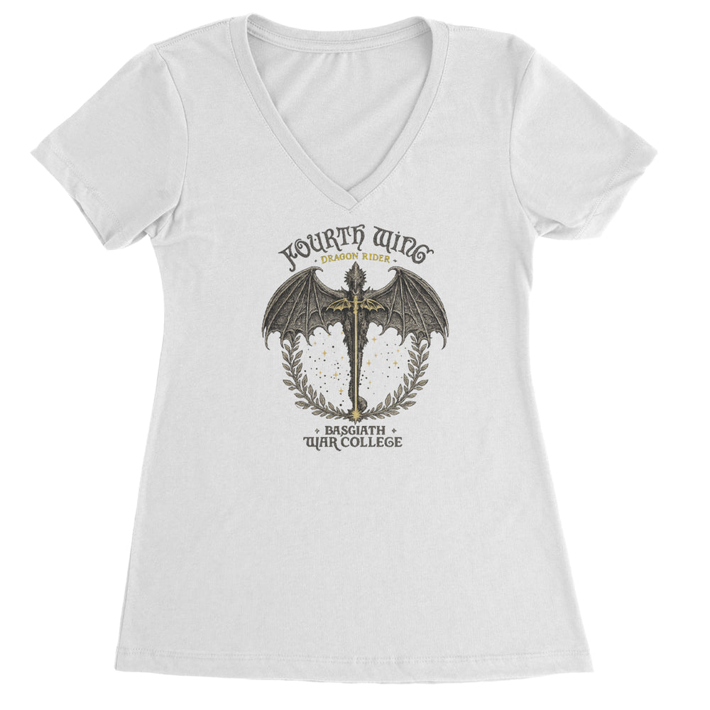 Fourth Wing Dragon Rider Vintage Basgiath War College graphic on Women's Lightweight V-Neck T-Shirt in White