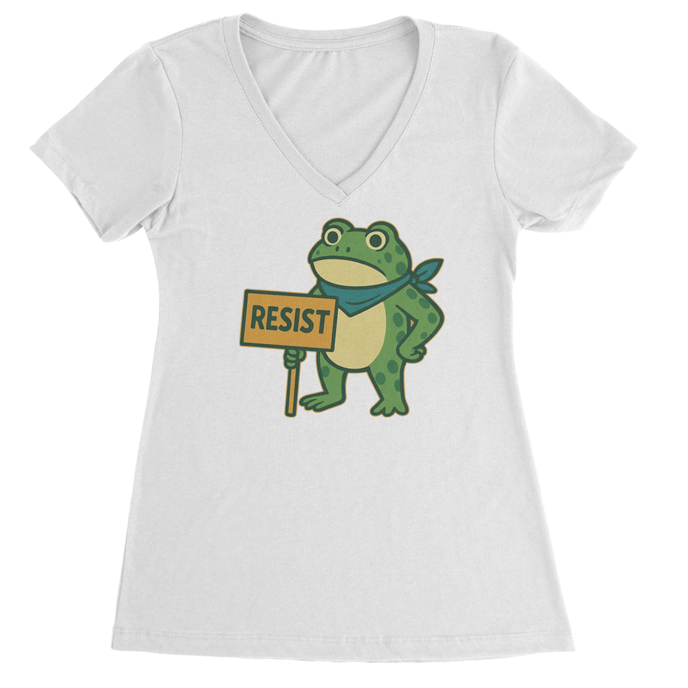 Sign Resist Meme Frog Protest graphic on Women's Lightweight V-Neck T-Shirt in White