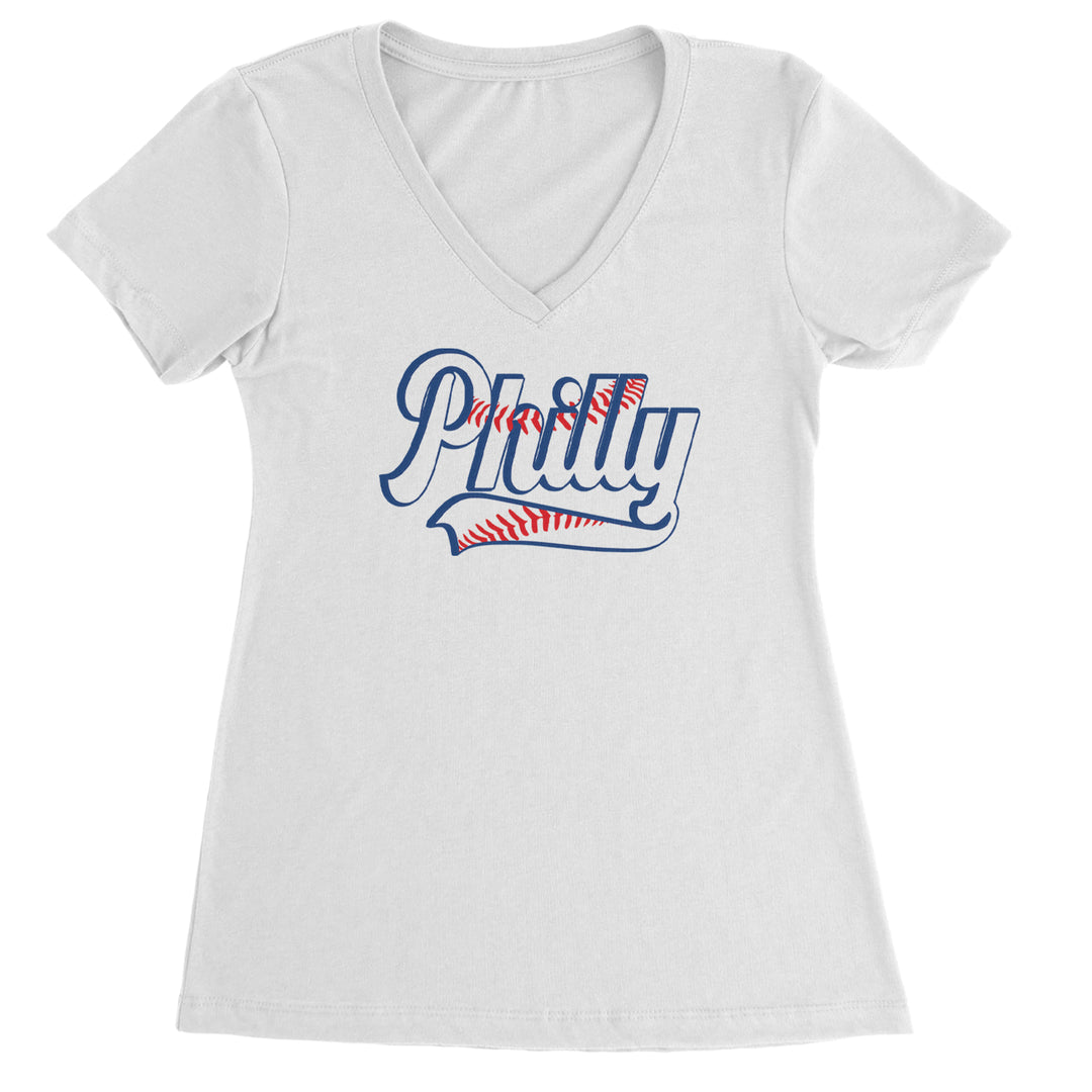 Philly Baseball Stitching graphic on Women's Lightweight V-Neck T-Shirt in White