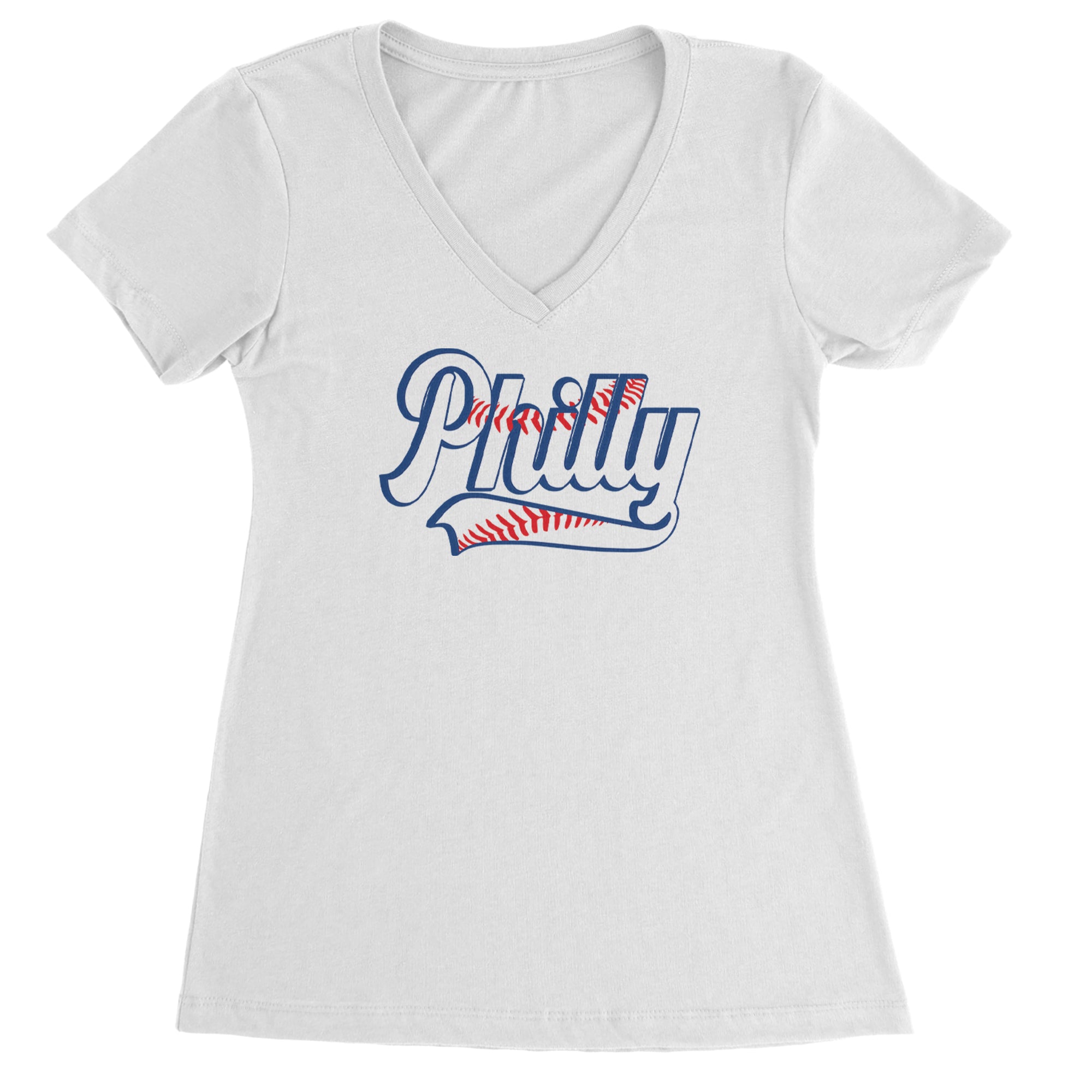 Philly Baseball Stitching Ladies V-Neck T-shirt White