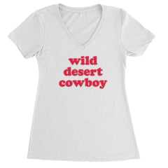 Retro bubble-letter "wild desert cowboy" graphic on a Women's Lightweight V-Neck T-Shirt with V-neck and short sleeves