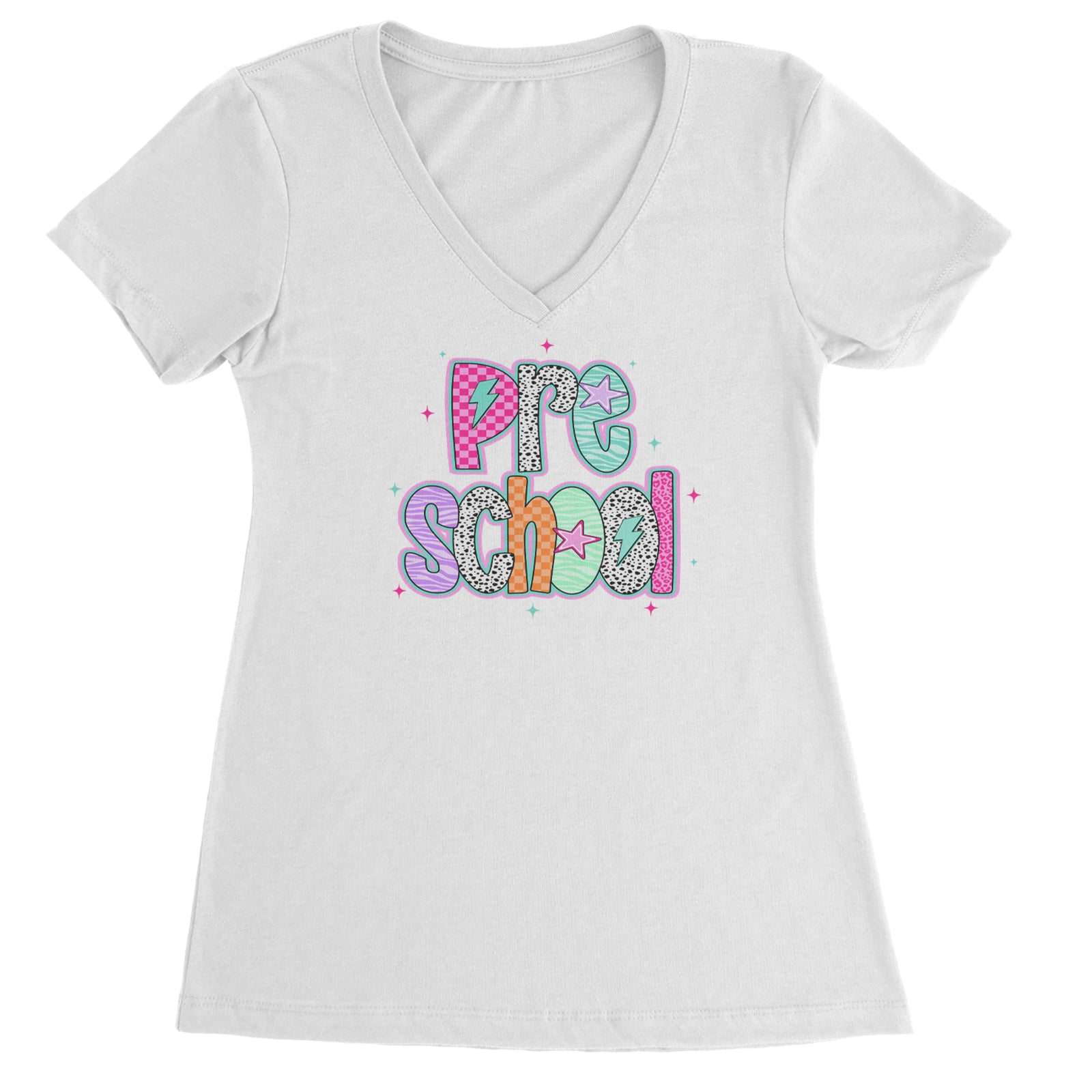 Preschool Power Colorful Back to School Ladies V-Neck T-shirt Black