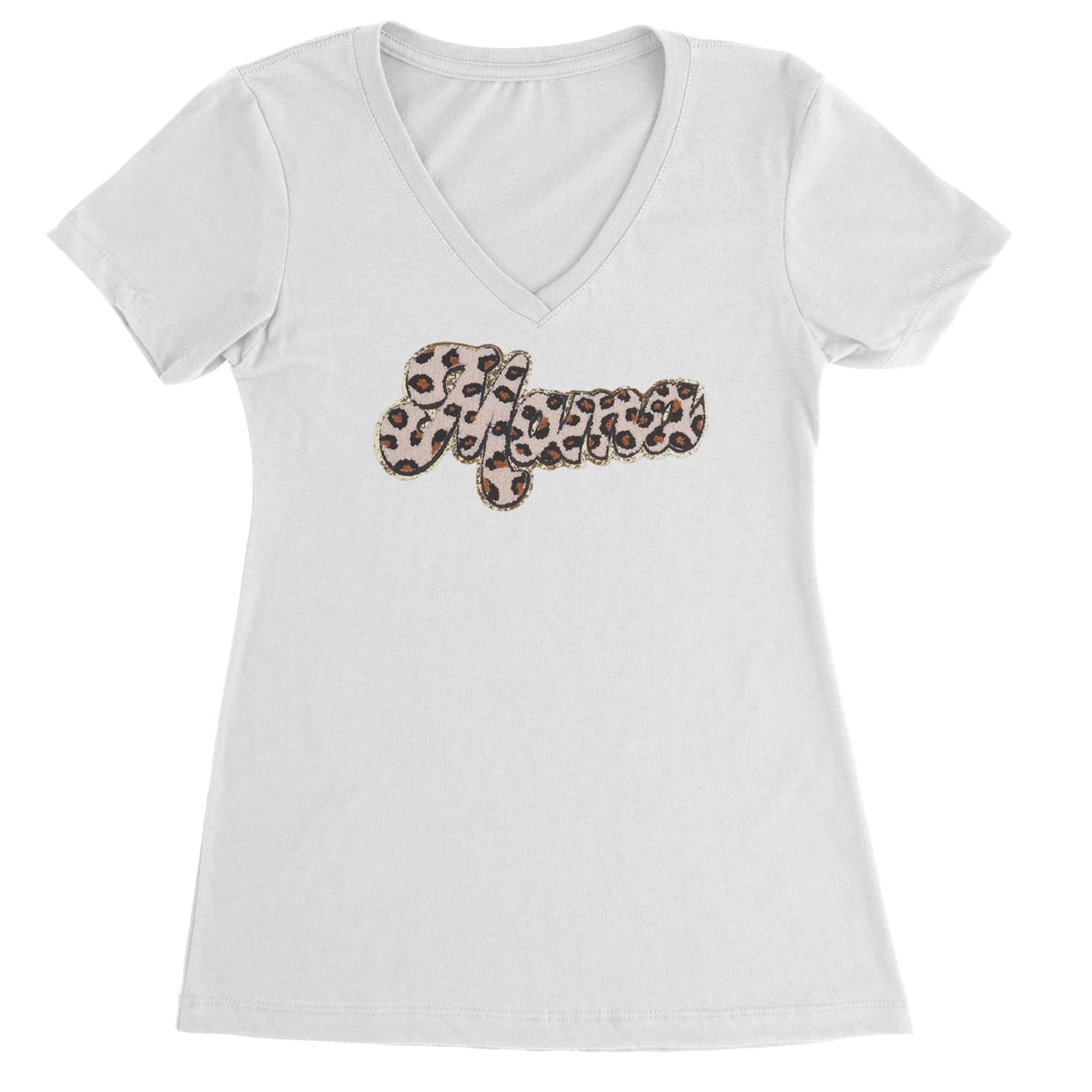 Mama Cheetah Print Glitter Chenille Patch Ladies V-Neck T-shirt Black