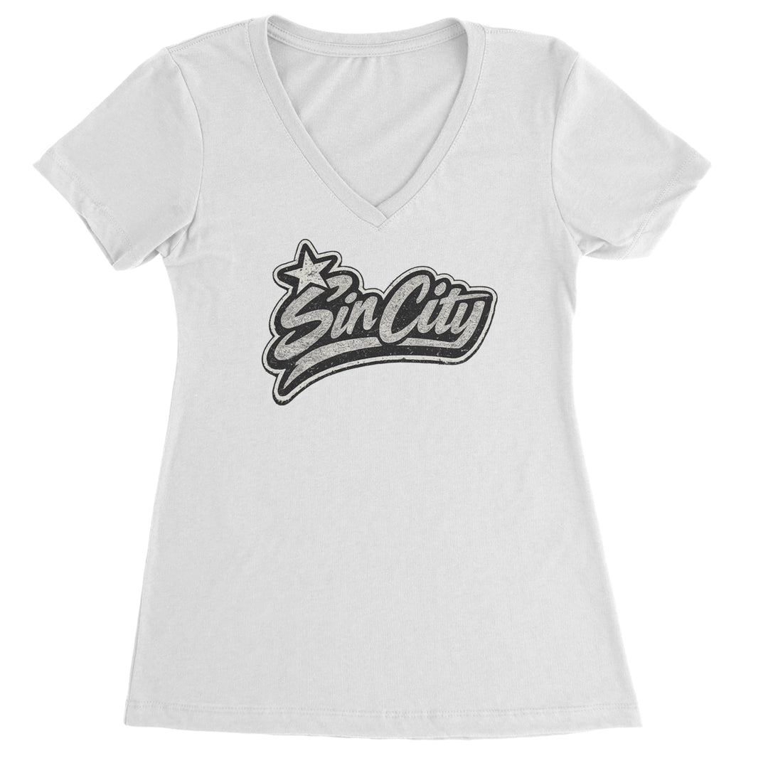 Sin City Vegas Retro Vintage Ladies V-Neck T-shirt White