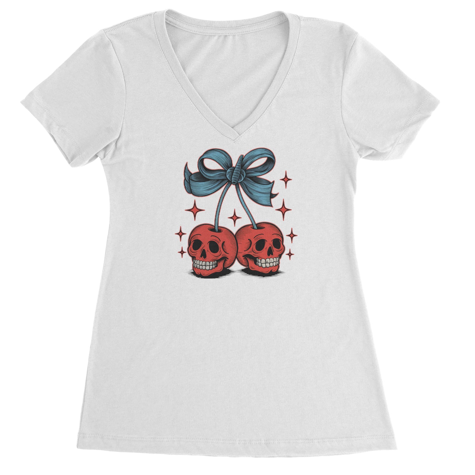 Cherry Skulls Retro Tattoo Ladies V-Neck T-shirt White